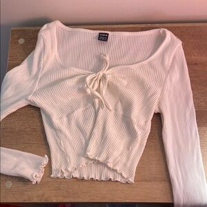 SHEIN Cream Ribbed Tie Front Crop Top